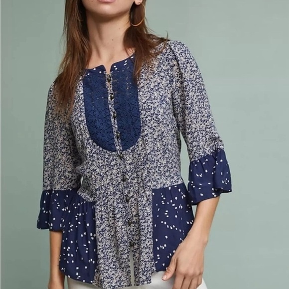 NWOT Anthropologie Maeve Hiver Blue 3/4 Sleeve Boho Peasant Blouse Size 4 - Picture 2 of 13